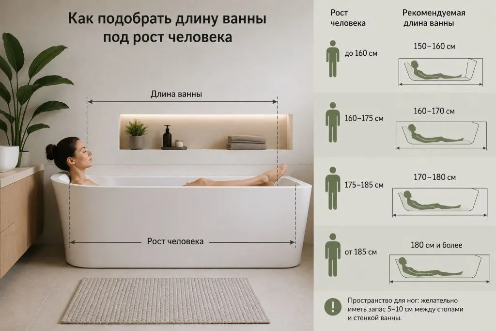 Как подобрать длину ванны под рост человека