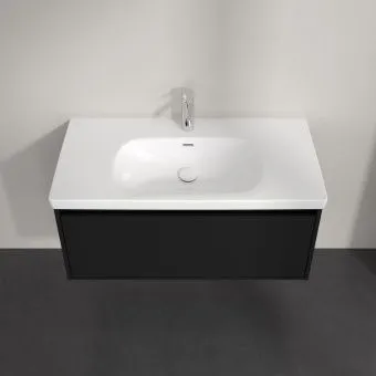 Villeroy & Boch Skyla КОМПЛЕКТ Тумба под раковину, 1 выдвижной ящик (2 ящика), 972 x 436 x 439 mm, Volcano Black +Skyla Pаковина для установки на тумбу, 1000 x 470 x 165 mm, с переливом, Альпийский белый C78900VL+5A51A501