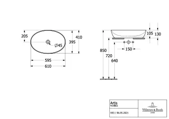Villeroy & Boch Artis Раковина для установки на столешницу, 610 x 410 x 130 mm, Альпийский белый, без перелива, нешлифованный 41986101