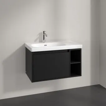 Villeroy & Boch Skyla КОМПЛЕКТ Тумба под раковину, 1 выдвижной ящик, 772 x 436 x 439 mm,Volcano Black + Skyla Pаковина для установки на тумбу крыло справа, 800 x 460 x 160 mm, с переливом, Альпийский белый C78800VL+5A52L101
