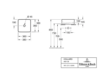 Villeroy & Boch Collaro Раковина для установки на столешницу, 380 x 380 x 145 mm, Альпийский белый, без перелива, нешлифованный 4A213801