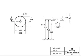 Villeroy & Boch Collaro Раковина для установки на столешницу, 400 x 400 x 145 mm, Альпийский белый, без перелива, нешлифованный 4A184001