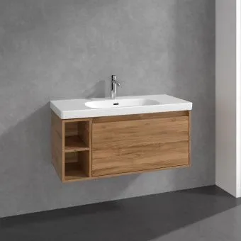 Villeroy & Boch Skyla КОМПЛЕКТ Тумба под раковину, 1 выдвижной ящик, 972 x 436 x 439 mm, Oak Kansas +Skyla Pаковина для установки на тумбу, 1000 x 470 x 165 mm, с переливом, Альпийский белый C79000RH+5A51A501