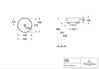 Villeroy & Boch Artis Раковина для установки на столешницу, 430 x 430 x 130 mm, Macaroon, без перелива, нешлифованный 417943BCT3