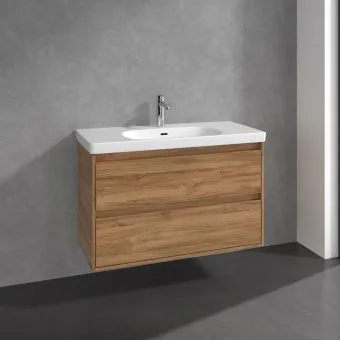 Villeroy & Boch Skyla Тумба под раковину, 2 выдвижных ящика, 972 x 596 x 439 mm, Oak Kansas +Skyla Pаковина для установки на тумбу, 1000 x 470 x 165 mm, с переливом, Альпийский белый C79900RH+5A51A501
