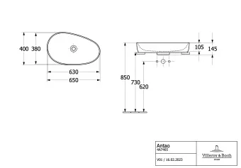 Villeroy & Boch Antao Раковина для установки на столешницу, 650 x 400 x 146 mm, Альпийский белый CeramicPlus, без перелива 4A7465R1