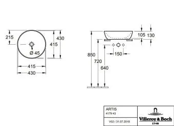 Villeroy & Boch Artis Раковина для установки на столешницу, 430 x 430 x 130 mm,Ocean, без перелива, нешлифованный 417943BCW2