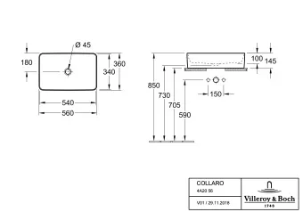 Villeroy & Boch Collaro Раковина для установки на столешницу, 560 x 360 x 145 mm, Альпийский белый, без перелива, нешлифованный 4A205601