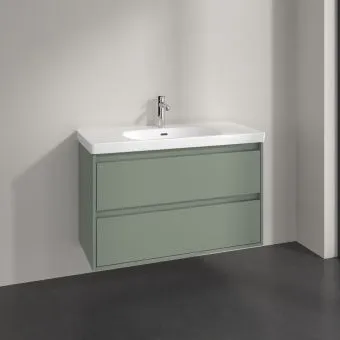 Villeroy & Boch Skyla Тумба под раковину, 2 выдвижных ящика, 972 x 596 x 439 mm, Soft Green +Skyla Pаковина для установки на тумбу, 1000 x 470 x 165 mm, с переливом, Альпийский белый C79900AF+5A51A501