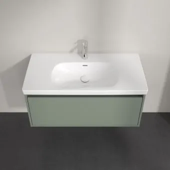 Villeroy & Boch Skyla КОМПЛЕКТ Тумба под раковину, 1 выдвижной ящик (2 ящика), 972 x 436 x 439 mm, Soft Green +Skyla Pаковина для установки на тумбу, 1000 x 470 x 165 mm, с переливом, Альпийский белый C78900AF+5A51A501