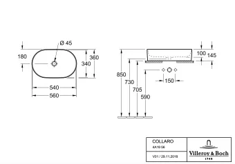Villeroy & Boch Collaro Раковина для установки на столешницу 4A195, 560 x 360 x 145 mm, Альпийский белый, без перелива, нешлифованный 4A195601