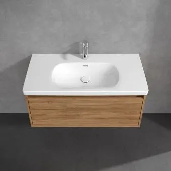 Villeroy & Boch Skyla КОМПЛЕКТ Тумба под раковину, 1 выдвижной ящик (2 ящика), 972 x 436 x 439 mm, Kansas Oak +Skyla Pаковина для установки на тумбу, 1000 x 470 x 165 mm, с переливом, Альпийский белый C78900RH+5A51A501