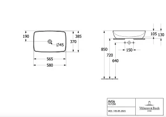 Villeroy & Boch Artis Раковина для установки на столешницу, 580 x 385 x 130 mm, Альпийский белый, без перелива, нешлифованный 41725801