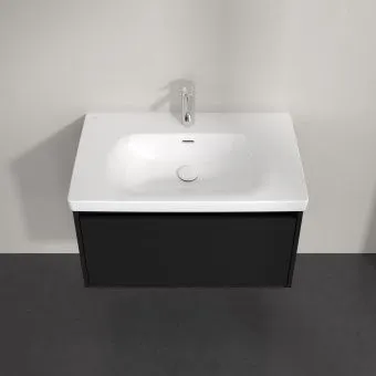 Villeroy & Boch Skyla КОМПЛЕКТ Тумба под раковину, 2 выдвижных ящика, 772 x 596 x 439 mm, Volcano Black +Skyla Pаковина для установки на тумбу, 800 x 460 x 160 mm, с переливом, Альпийский белый C78600VL+5A518001