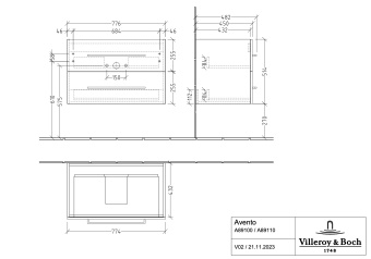 Villeroy & Boch Avento Тумба под раковину, 2 выдвижных ящика, 780 x 514 x 484 mm, Белое стекло A89100B4